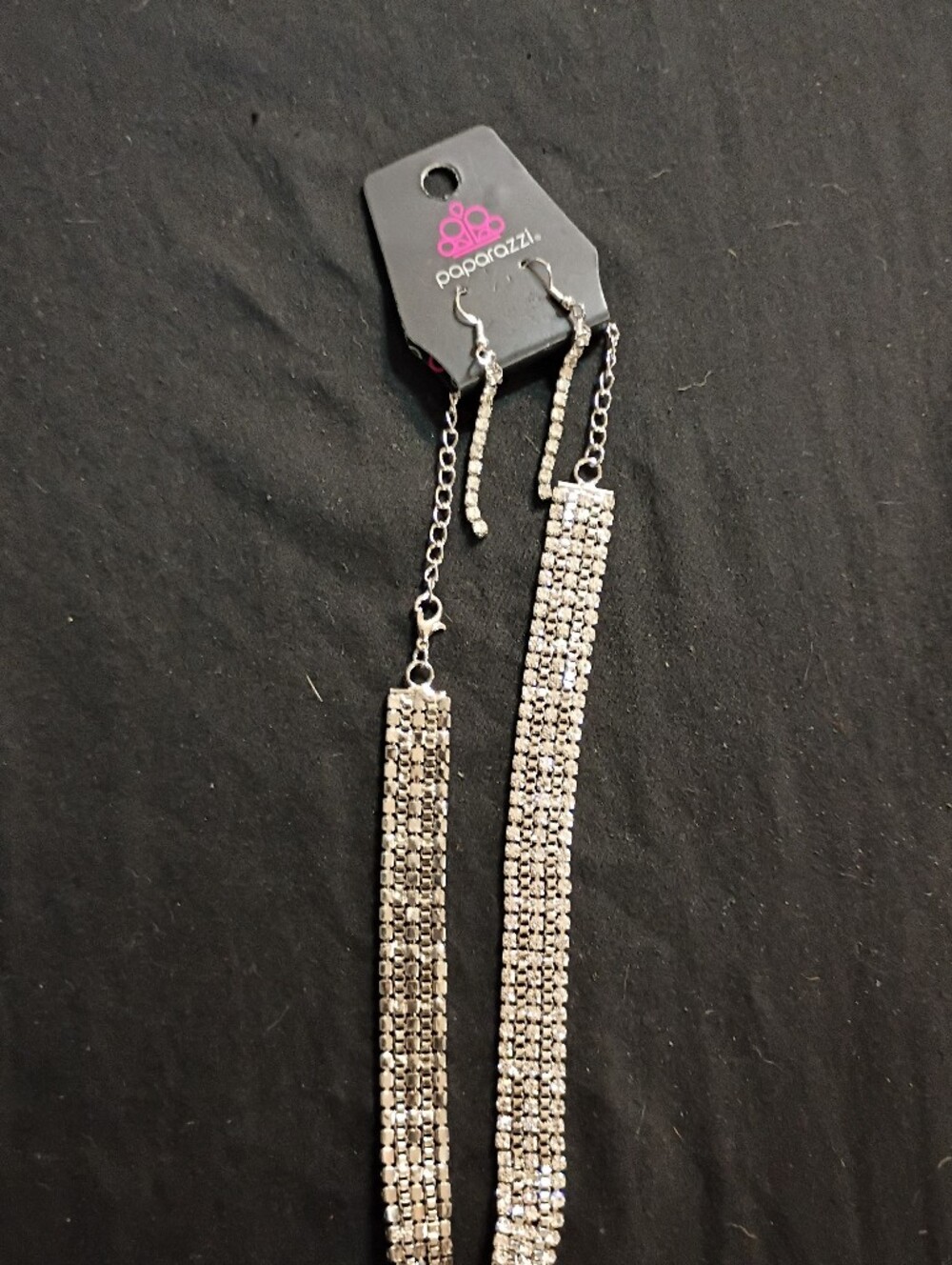 paparazzi Silver Rhinestone Multi-Row Choker Necklace with Dangle Earrings